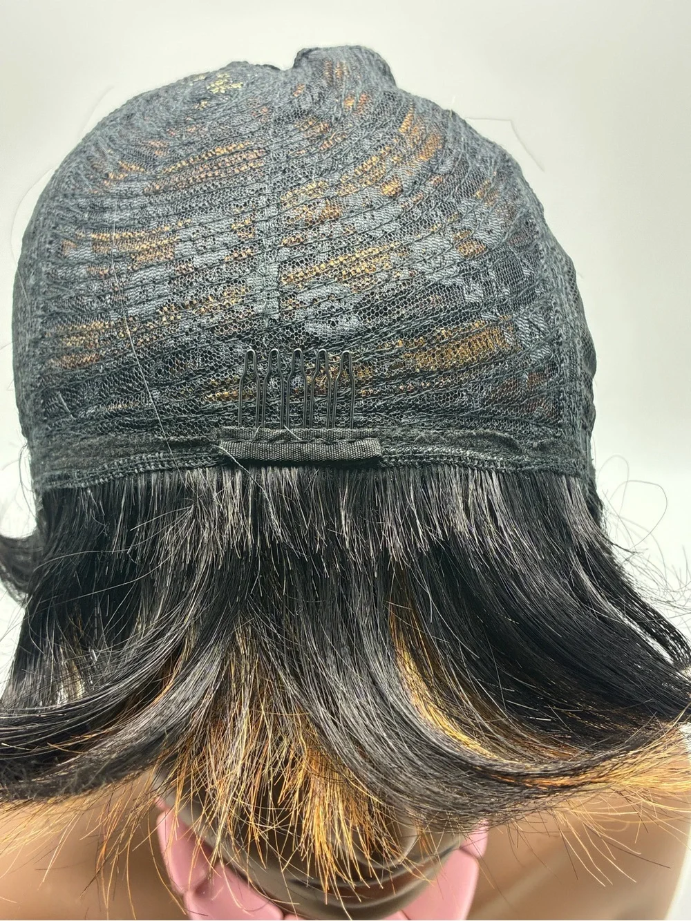 Short Black Wig with Golden Highlights - Stylish Women's Hair.  Human Hair